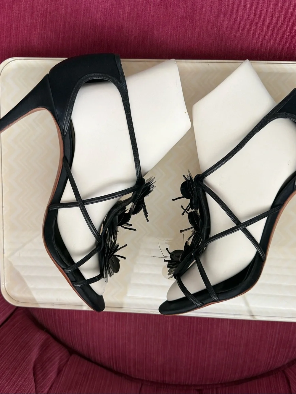 Tory Burch Black Strappy Floral Embellished High Heel Sandals
